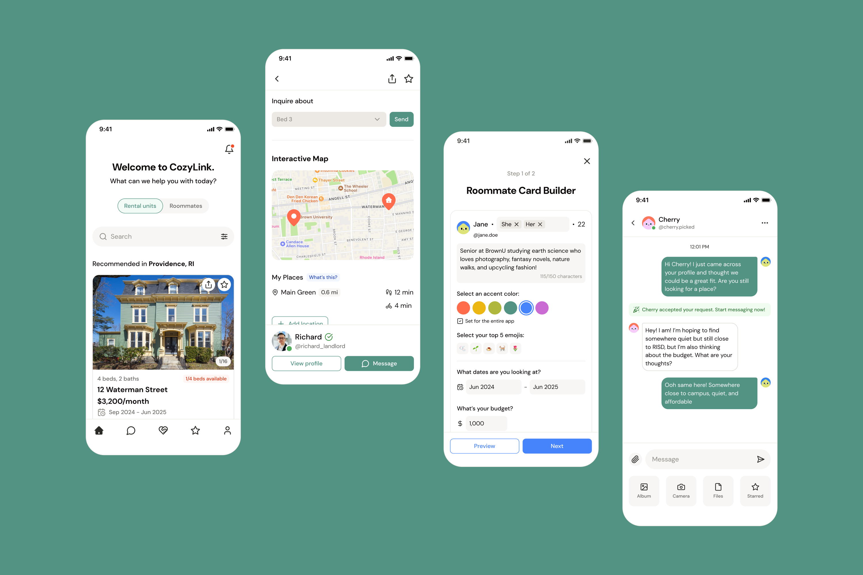 4 screens depicting Cozylink's homepage, the interactive map in rental details, the roommate card builder, and messaging a potential roommate
