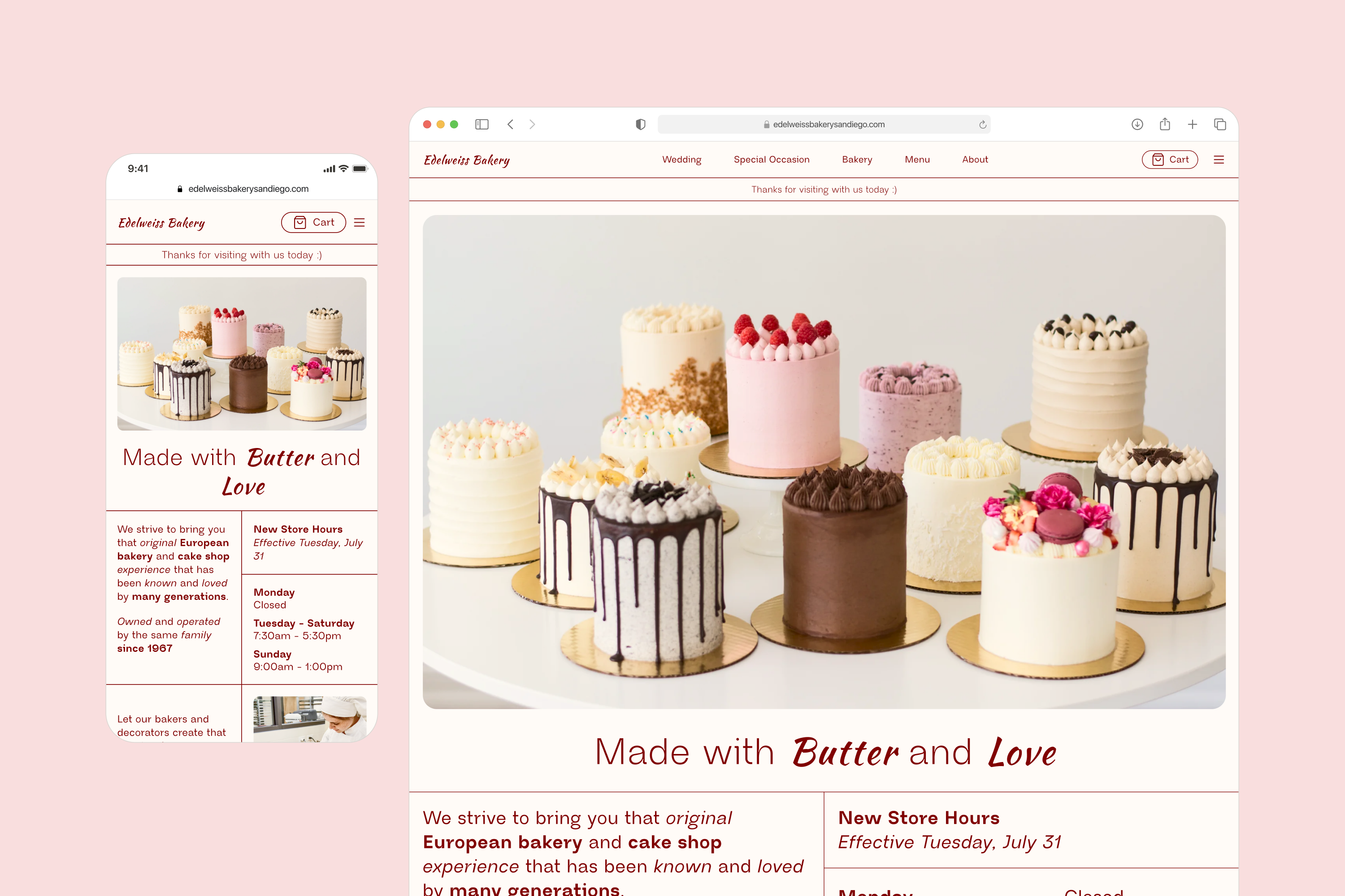 Edelweiss Bakery website on mobile and desktop